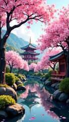 Obraz premium Serene cherry blossom garden with traditional Japanese architecture, anime, Japanese architecture