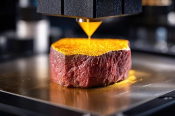 3D printed meat product on a metallic surface.
