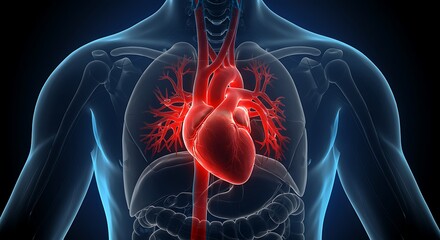 Anatomical illustration exhibiting heart and blood vessels within human torso