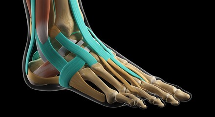 Detailed 3D anatomical illustration of a human foot showing bones, tendons and muscles