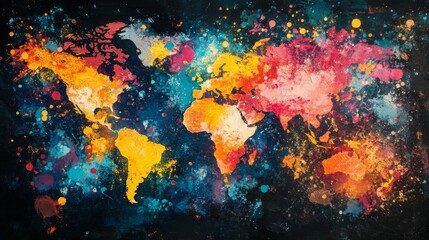 Fototapeta premium Colorful Abstract World Map Painting on Dark Background