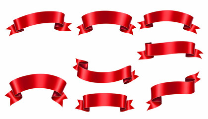 An array of elegant red ribbons in different shapes on a white backdrop for various designs.