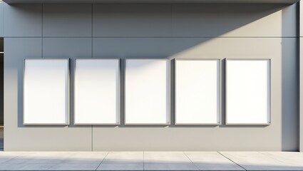 "contemporary poster gallery displayed on sleek grey building wall, series of blank poster frames for mockup, empty outdoor space, professional minimal design, shadow play from sunlight, photorealisti
