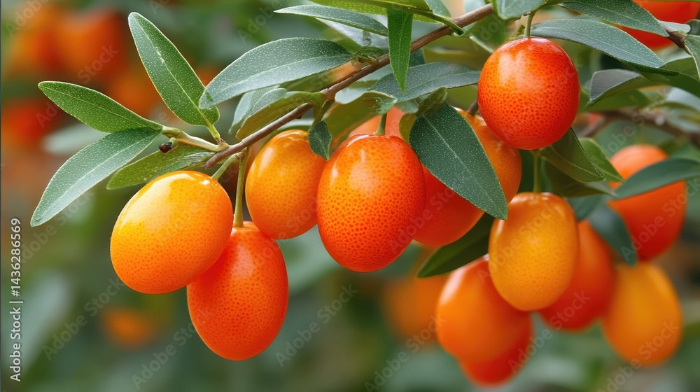 Poster vibrant kumquat tree branches adorned with colorful fruit during a sunny afternoon in the orchard