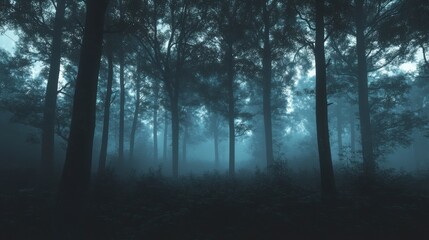 Fototapeta premium Mysterious, dark forest path shrouded in dense fog at twilight.