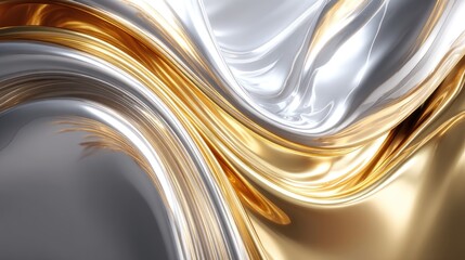 Abstract design of flowing metallic drapes in silver and gold tones.