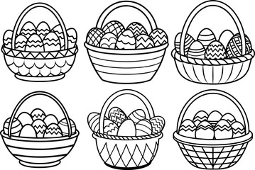 Set of basket of easter eggs outline vector illustration