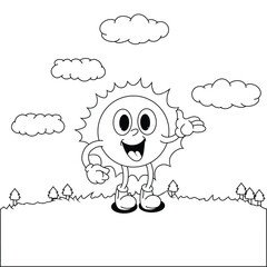 sun line art doodle vector character with view background