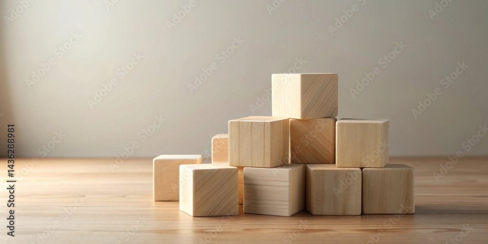 Aufkleber wooden blocks arranged in a staggered formation on a light wood surface against a neutral backdrop