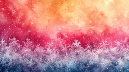 Fototapeta premium Vibrant winter landscape featuring colorful gradient sky and delicate snowflakes, perfect for seasonal promotions and holiday-themed designs.