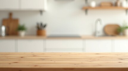 Wood table top on blurred kitchen background. can be used mock up for montage products display or design layout	