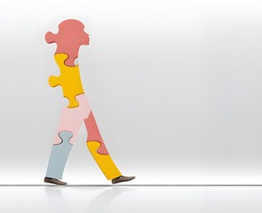 Obraz premium Silhouette of a person made from colorful puzzle pieces symbolizing autism spectrum individuality support awareness inclusivity and diversity