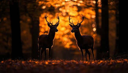 Silhouettes of deer in autumn forest