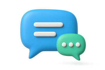 Colorful 3d speech bubbles - blue and green chat icons with message symbols. Isolated illustration