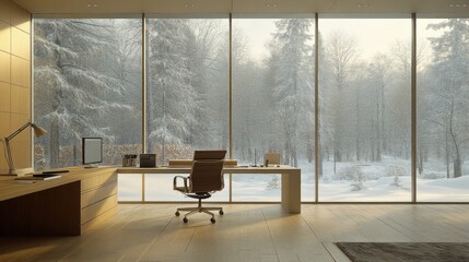Modern Office with Snow Covered Winter Landscape View