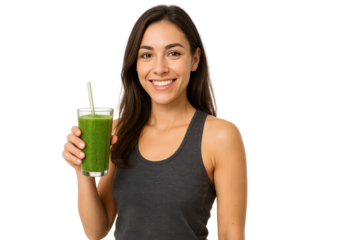 Smiling woman holding a healthy green smoothie in a glass with a straw. Isolated illustration
