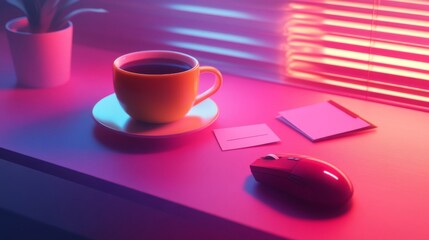 Yellow Coffee Cup on Pink Desk with Mouse and Notes