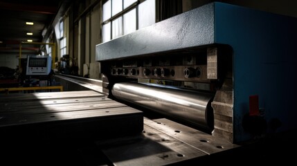 A close-up of a hydraulic press machine in operation, the large metallic part being compressed 