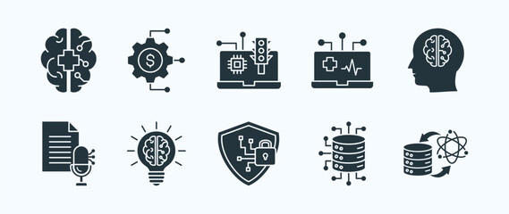 Artificial intelligence thin icon set containing medical image ,banking processing system,traffic monitoring,health monitoring,artificial life
