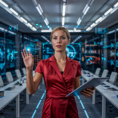 Professional woman in a red power dress leading a virtual meeting via holographic screen, futuristic tech office, sci-fi realism