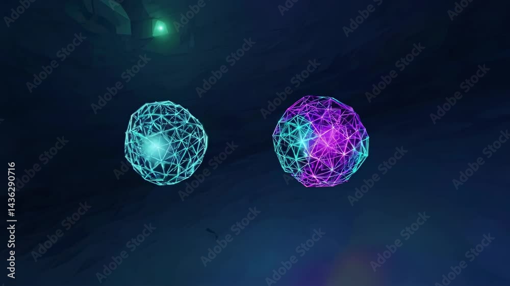 Wall mural two interconnected, glowing, polygonal spheres float in digital cyberspace, representing global netw