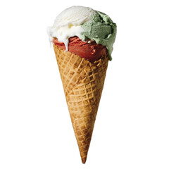 A three-scoop ice cream cone showcases a blend of vibrant strawberry, creamy vanilla, and rich pistachio flavors. The waffle cone adds a crunchy texture, making it a perfect summer treat