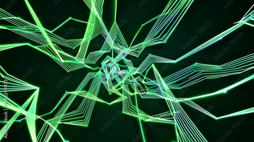 Poster green glowing plexus lines growing and connecting on a black background, creating an abstract and dy