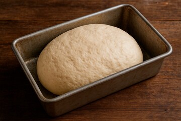 Close up of dough rising in a metal loaf pan on a wooden surface ready for baking in the oven