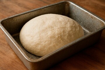 A close up shot of a ball of dough rising in a metal baking pan on a wooden surface indoors
