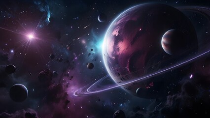 Futuristic galaxy scene with glowing violet and blue nebulae, surrounded by multiple planets in a surreal cosmic orbit
