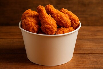A white bucket overflowing with crispy fried chicken on a wooden table background close up view