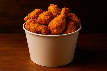 Bucket filled with crispy fried chicken pieces on a wooden surface against a dark background