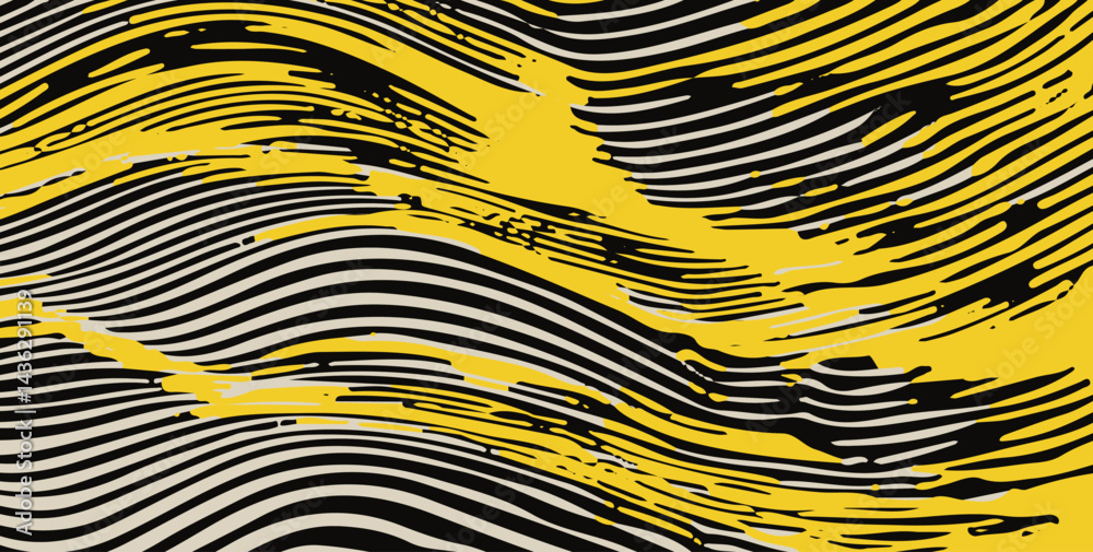 Poster Abstract vector illustration with wavy black and beige lines and dynamic yellow streaks, creating a sense of movement and fluidity in a modern, artistic pattern.