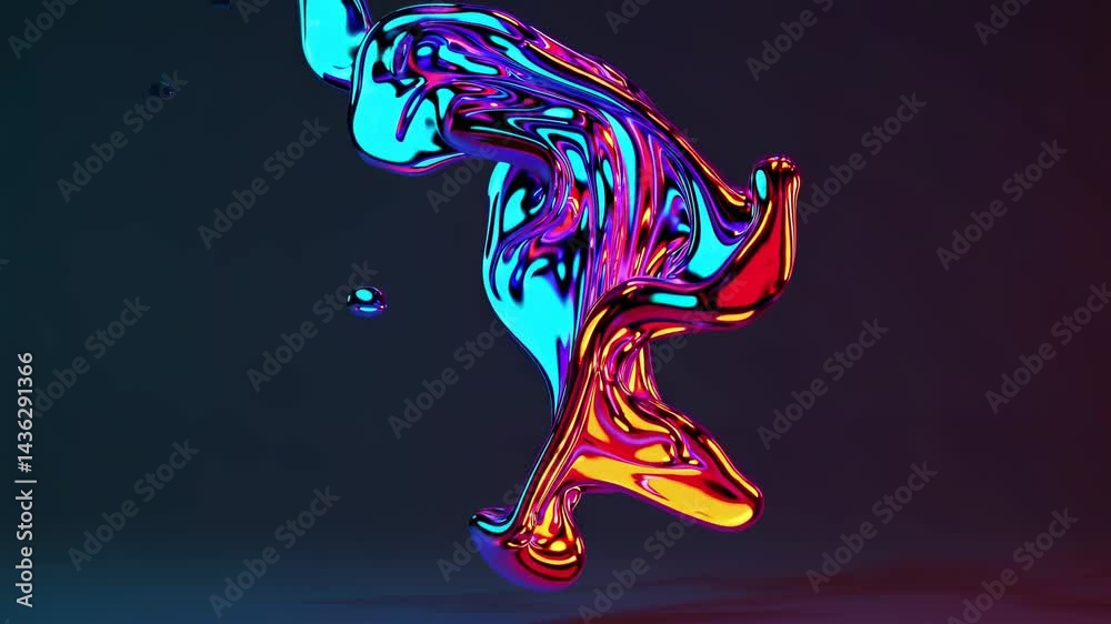 Poster abstract colorful liquid mercury splashing and floating in space with neon lights, creating a mesmer