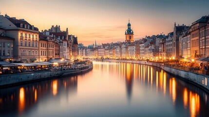Obraz premium A riverside promenade in an old European town, gothic rooftops glowing in the last warm light of the evening