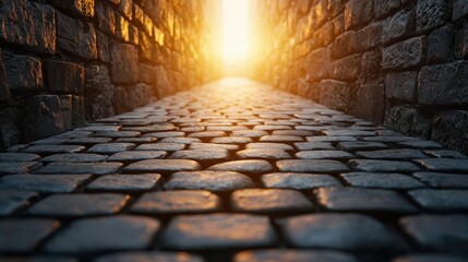 A hidden stone pathway between gothic rooftops, glowing warmly under the soft light of sunset