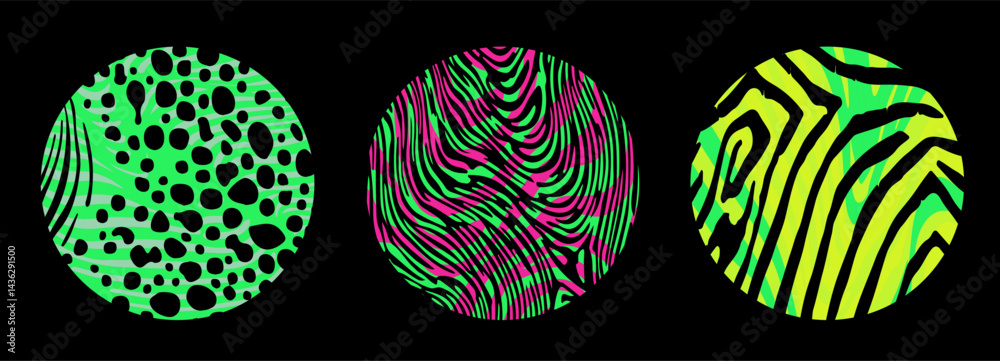 Poster three circular abstract vector designs on a black background: green with black dots, pink and green 