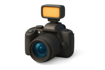 Digital slr camera with attached flash on white background. Isolated illustration