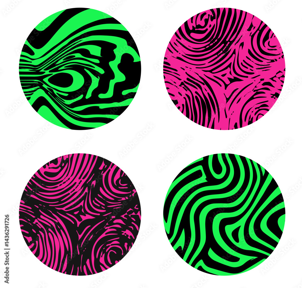 Aufkleber Vector illustration featuring four circles with psychedelic, wavy abstract patterns in pink and green neon colors. Each circle has a unique, trippy design for a bold, modern look.
