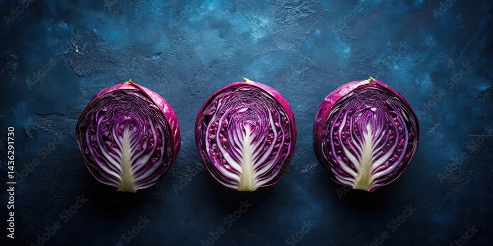 Aufkleber vibrant purple cabbage halves arranged on a dark textured background, displaying intricate inner lay