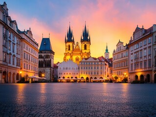 Fototapeta premium A historic European square at sunset, gothic rooftops illuminated by soft golden light, an atmosphere of magic