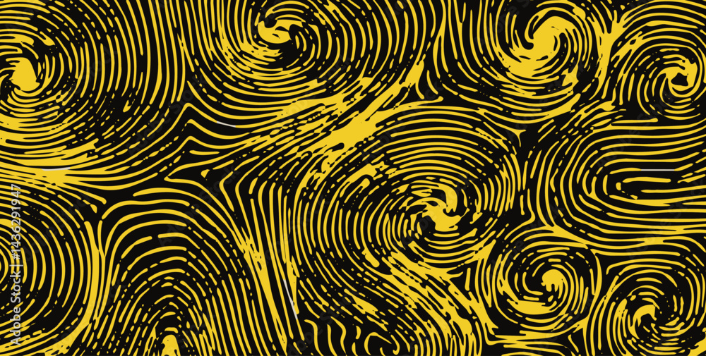 Poster Abstract vector illustration featuring swirling yellow and black lines, forming spiral and vortex shapes, creating a dynamic and hypnotic visual pattern.
