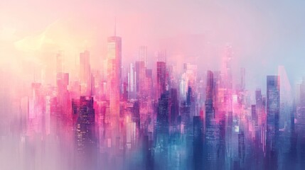 Futuristic City Skyline at Sunset with Pink and Blue Hues