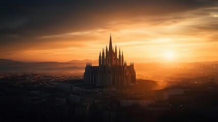 Naklejka premium A grand European cathedral standing against a breathtaking sunset, its gothic rooftops glowing in majestic splendor