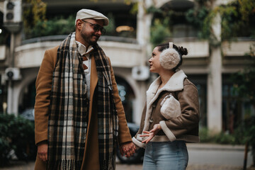 A cheerful couple holds hands and converses happily outdoors. They are dressed warmly in stylish winter attire, creating a cozy and romantic atmosphere perfect for the holiday season.