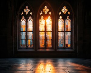 Obraz premium A gothic cathedral s stained glass windows radiating warm colors as the sun sets behind them