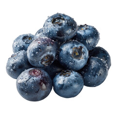 Bright, fresh blueberries are stacked together, showcasing their vibrant color and natural shine. Water droplets cling to the surface, emphasizing their freshness and juiciness