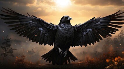 Black Crow in Flight with Outstretched Wings on Dark Background