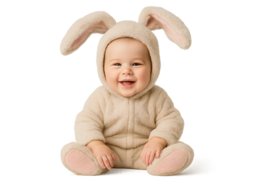 Adorable smiling baby in fluffy bunny costume with long ears sitting on the floor. Isolated illustration