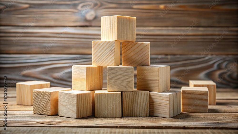 Poster wooden blocks arranged in a pyramid shape on a rustic wooden surface